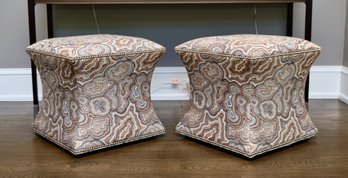 Ballad Custom Ordered Brown Grey Concave Ottomans With Nailhead Trim And Matching Pillows