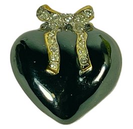 Vintage Gold Tone Brooch Pin Black Enamel Rhinestone Heart