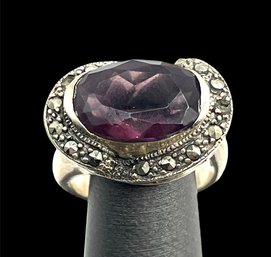 Beautiful Vintage Sterling Silver Dark Amethyst Stone With Marcasite Ring, Size 6