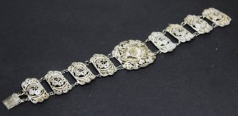 Antique Sterling Silver Filigree Panel Bracelet (missing Two Jump Rings At Clasp)