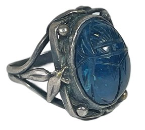 Antique Sterling Silver Ladies Ring About Size 6 To 7 Lapis Carved Scarab Stone