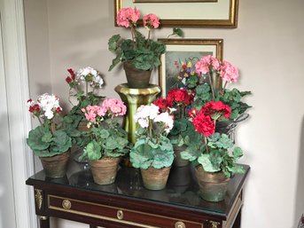 Lovely Grouping Of (8) Eight Potted Silk Flowers - Very Realistic Looking - Sold As One Lot Of Eight !