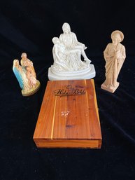 Religious Sculpture Lot And Bible