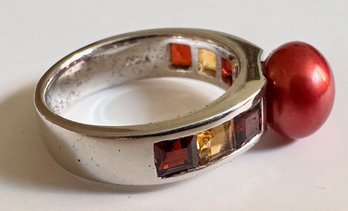 New 925 Sterling Silver Ring With Fresh Water Pearl, Garnets & Citrine By Honora, Size 7