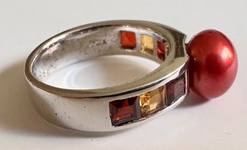 New Sterling Silver Ring With Fresh Water Pearl, Garnets & Citrine By Honora, Marked 925, Size 6