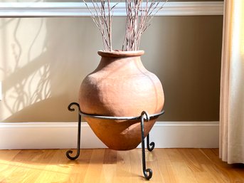 Vintage Terracotta Biot Olive Oil Vessel With Iron Stand