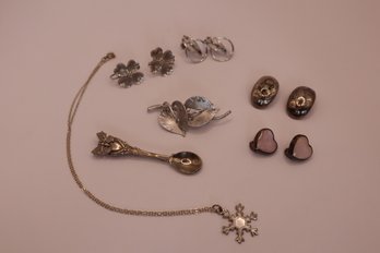 Sterling Jewelry Lot Pins, Earrings And Necklace All Marked