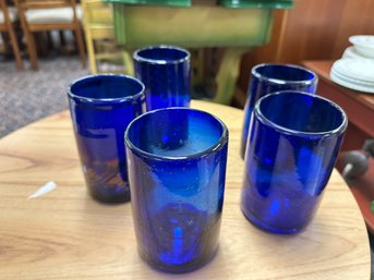 Set Of 6 Beautiful Hand Blown Cobalt Blue Glasses