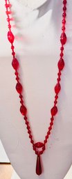 LONG RED GLASS DANGLE NECKLACE