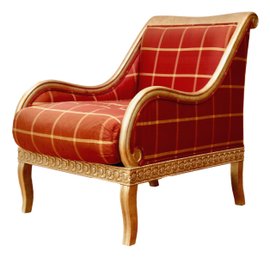 Henredon  Upholstery Collection Gilt Sleigh Chair In Crimson And Gold Silk Windowpane Plaid