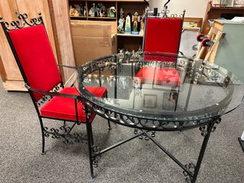 Glass Top Table And 2 Red Velvet And Black Iron Chairs