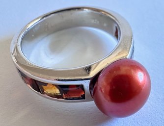 New Sterling Silver Ring With Fresh Water Pearl, Garnets & Citrine By Honora, Marked 925, Size 8