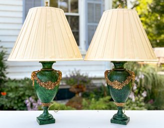 A Pair Of 1920's Faux Marble Lamps With Ormolu Trim