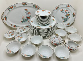 Vintage Limoges Orange Tree China For 12: Plates, Tea Cups, Saucers, Creamer, Sugar Bowl & Platter, Unused