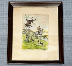 A Rare Portrait Sized Mid Century Pencil Signed Boris O'Klein Hand Colored Hunting Print