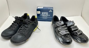 New In Box Shimano Compatible Spinning Pedal & 2 Spinning Shoes By Giro Vibram (size 39) & Sidi (size 39,5)