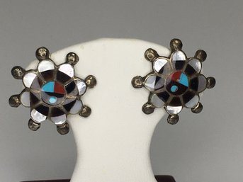 Lovely Vintage Sterling Silver / 925 Earrings With Inlaid Turquoise - Mother Of Pearl And Coral - Signed !