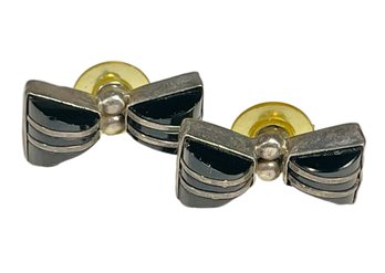 Vintage Black Onyx Mexican Sterling Silver 'bow Tie' Pierced Earrings