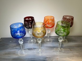 Set Of Six Bohemian Multicolor Cut-to-Clear Wine Glasses