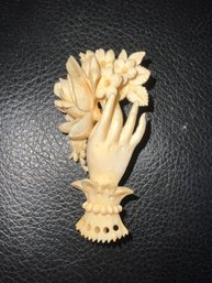 Beautiful Carved Victorian Hand With Flowers Brooch