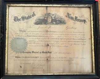 The State Of New Jersey Certificate, James Hart 1820-1865