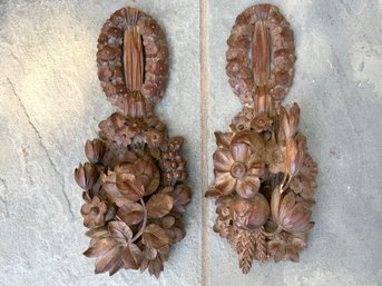 Pair French Boiserie Carvings Of Flowers And Fruit, Late 19th C.