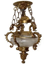 Gorgeous Vintage Brass & Antique - Style Glass Hanging Pendant Lamp Fixture From Portugal - Circa 1940s/1950s