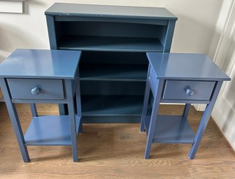 Pair Of Navy Nightstands And A Matching Bookshelf