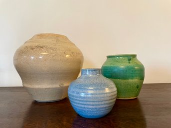 Trio Of Hand Thrown Pottery Vases In Cream, Blue & Green