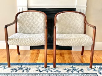 Pair Of MCM Inspired Bentwood Chairs With Greek Key Wool Upholstery