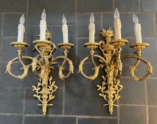 Pair Of Vintage Gilded Iron Triple Sconces