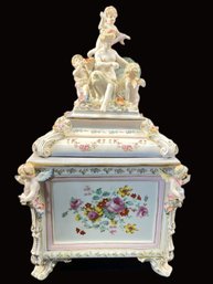 Very Large Porcelain Casket Adorned With Cherubs And Flowers