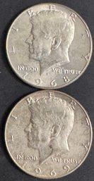 2 Forty Percent Silver Kennedy Half Dollars 1968-D, 1969-D