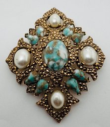 VINTAGE SIGNED SARAH COV FAUX PEARL & TURQUOISE BROOCH
