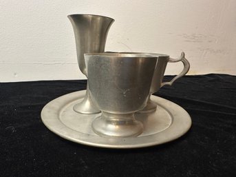 Misc Pewter Cup And Tray Lot