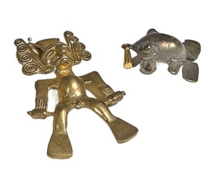 Vintage Sterling Silver Frog Pendant And Gold Tone South American Deity Pendant