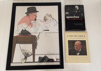 A Framed Cartoon Image Of Winston Churchill Paired With Books On Churchill