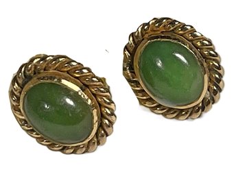 Pair Genuine Jade And Gold Tone Pierced Earrings