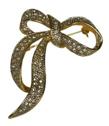 Vintage Gold Tone And Rhinestone Bow Formed Brooch