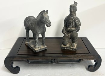 Marked Chinese Terra Cotta Horse & Warrior Statues W/ Wooden Display Tray