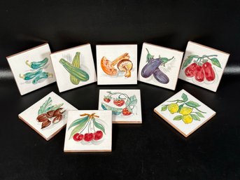 A Charming Set Of Vintage Glazed Terracotta Tiles With A Fruit/Vegetable Theme, Made In Italy