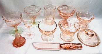 Assortment Of Vintage Pink Depression Glass Pieces & Stemware