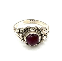 Vintage Sterling Silver Deep Red Stone Ornate Ring, Size 5