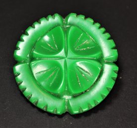 Carved Green Bakelite 2' Round Shamrock Brooch