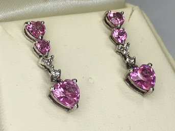 Wonderful 925 / Sterling Silver And Pink Tourmaline Earrings - Very Pretty Deep Intense Color - Very Nice !