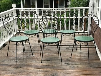 Fabulous Set Of Six (6) Vintage 1930s-1940s French Wrought Iron Balloon Back Chairs - Old Worn Green Paint 0