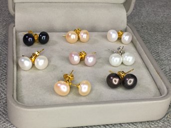 Lot A - Incredible Lot Seven Pairs Of Genuine Cultured Pearl Earrings - Multi Colors - With Sterling Mounts
