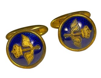 Pair Rare Guilloche Enamel Gold Filled Winged Propeller Army Airforce WWII Cufflinks