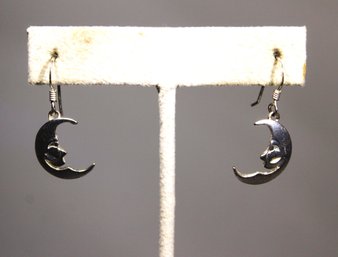 Pair Sterling Silver Vintage Crescent Moon Face Pierced Earrings