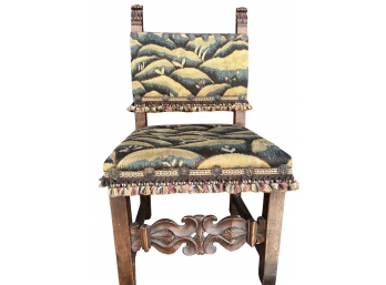Pair Of Carved Vintage Gothic Chairs With Silk Upholstery